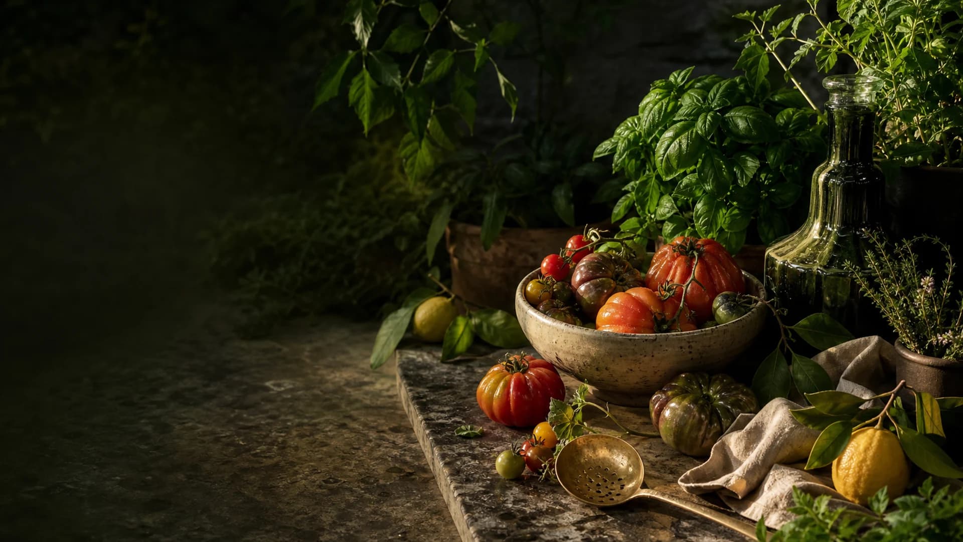 Heirloom tomatoes, fresh herbs, citrus, and kitchenware in warm garden light